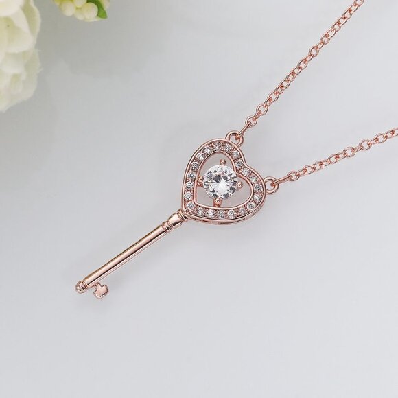 💥 Key Hollow Heart Zircon Micro Pave Rose Gold Plated Necklace, EVGG1101 - Picture 5 of 9